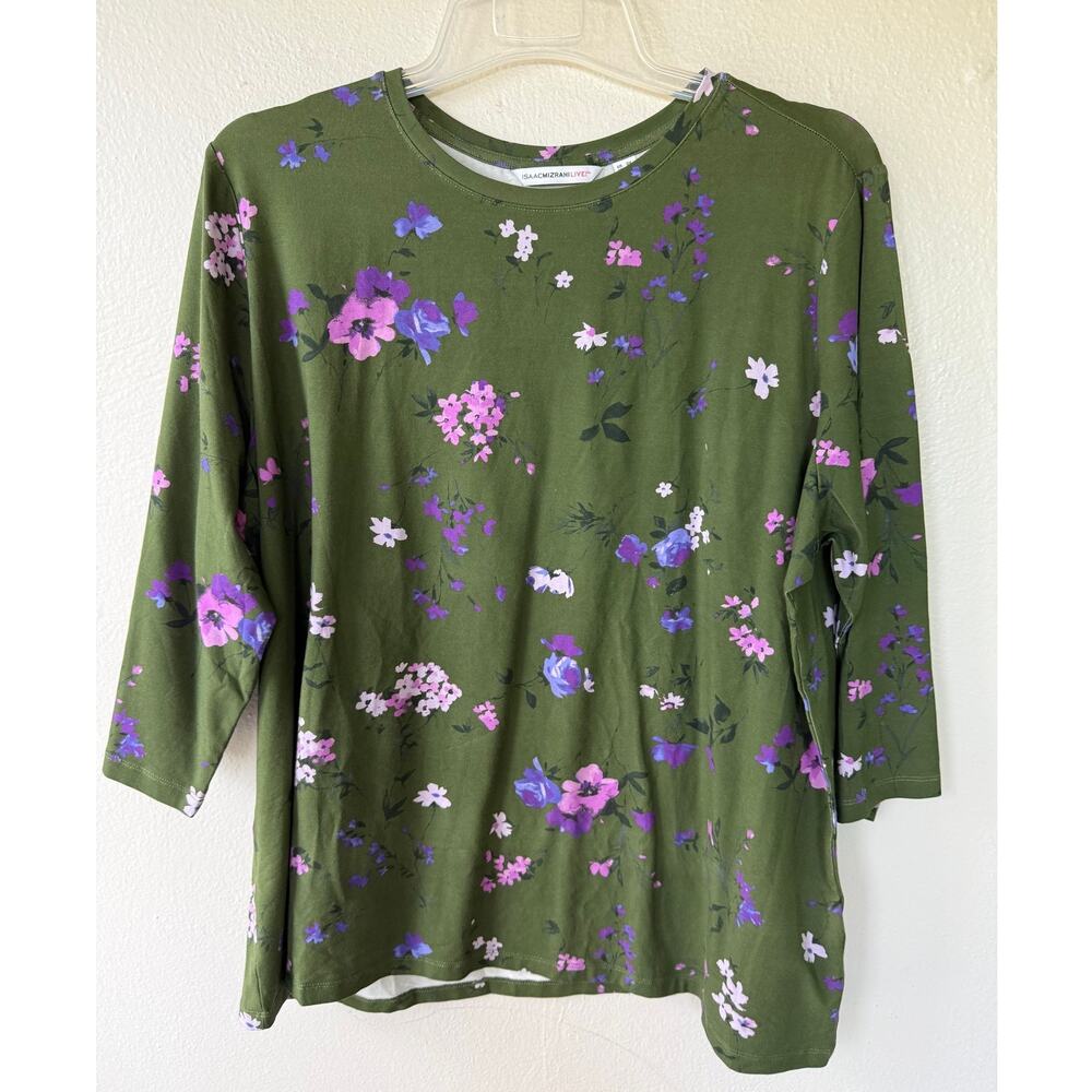 Isaac Mizrahi Live Olive Green Floral 3/4 Sleeve Top 2X Plus Size - Picture 2 of 7